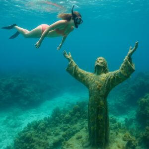 Snorkeler swimming above the Christ of the Abyss underwater statue at John Pennekamp Coral Reef State Park in Key Largo, Florida Keys